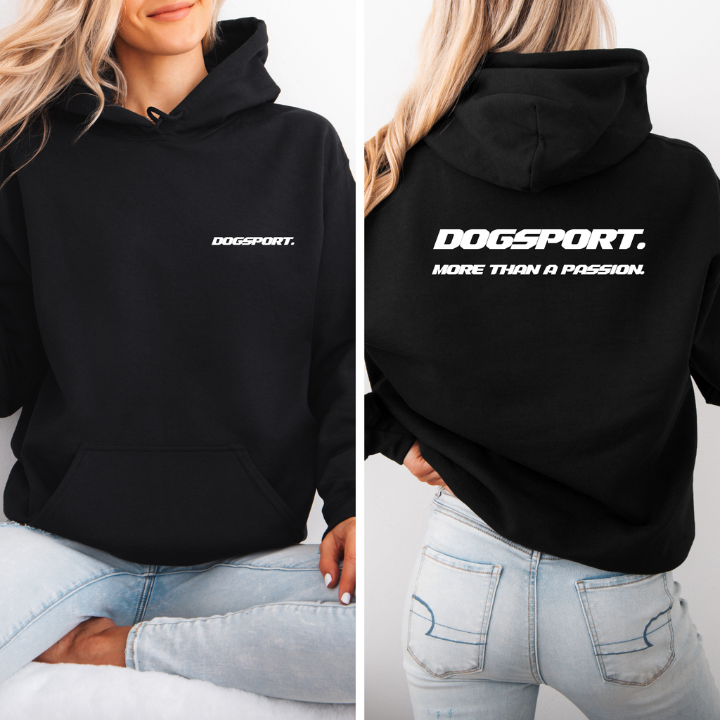 SchwarzHoodie mit DOGSPORT-Logo vorne und großem Rückendruck