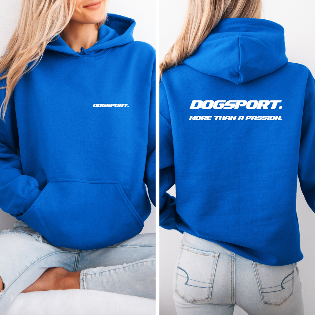 Blauer Hoodie mit DOGSPORT-Logo vorne und großem Rückendruck