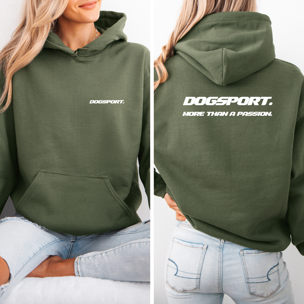 Olivgrün Hoodie mit DOGSPORT-Logo vorne und großem Rückendruck
