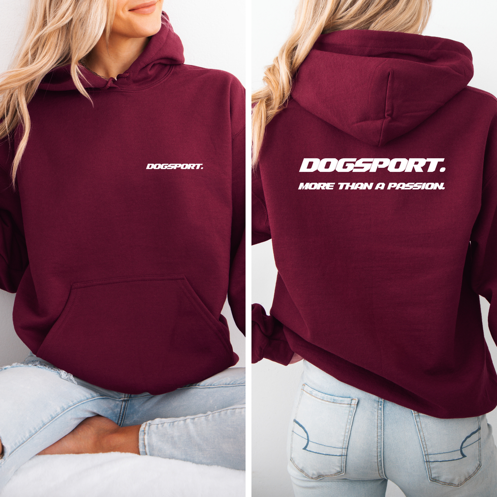 Weinroter Hoodie mit DOGSPORT-Logo vorne und großem Rückendruck