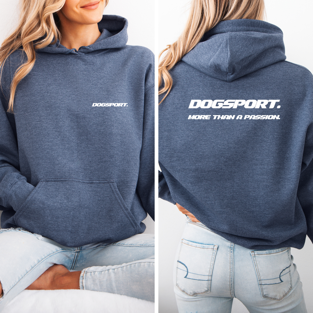 Grauer Hoodie mit DOGSPORT-Logo vorne und großem Rückendruck