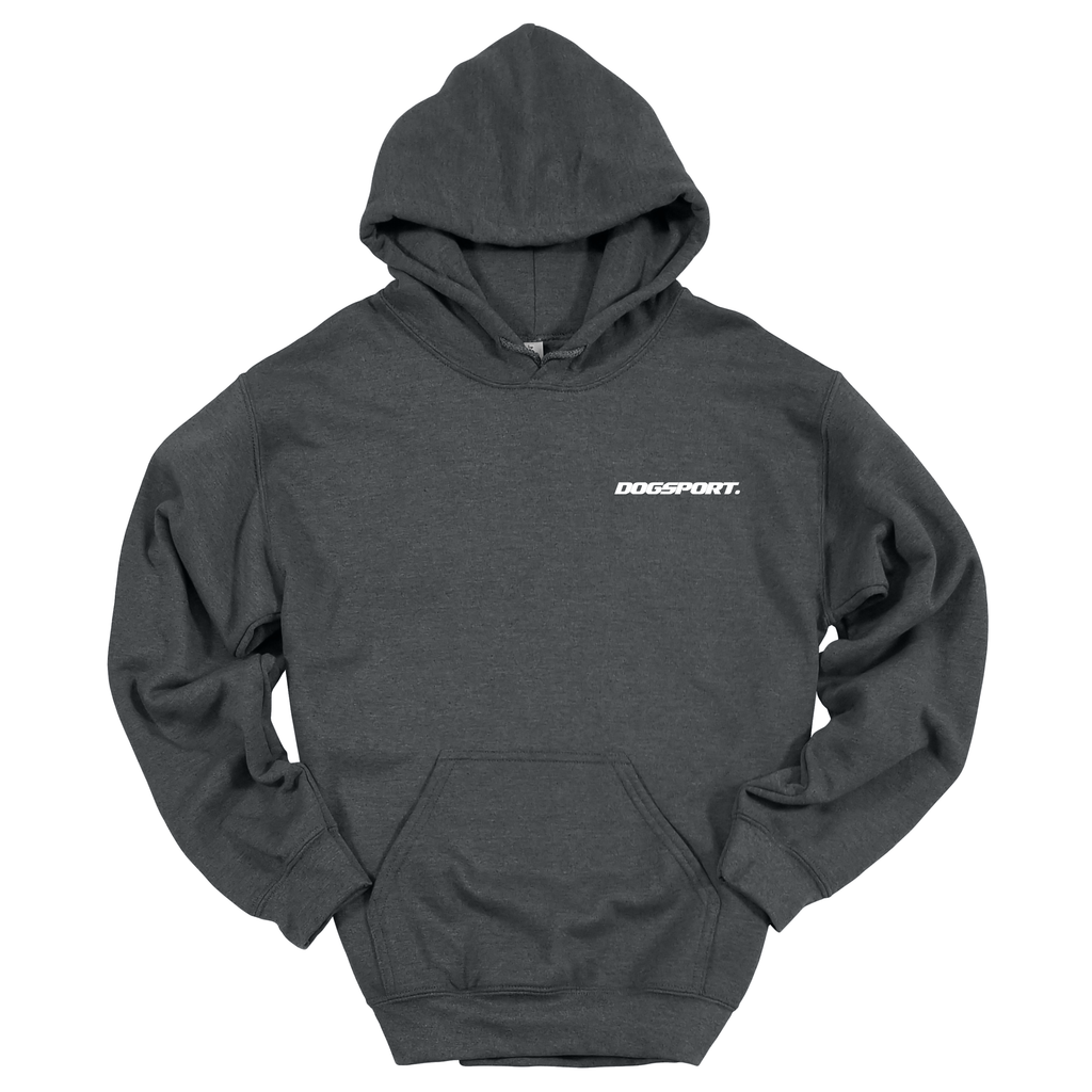 Grauer Hoodie mit kleinem weißen DOGSPORT Frontprint
