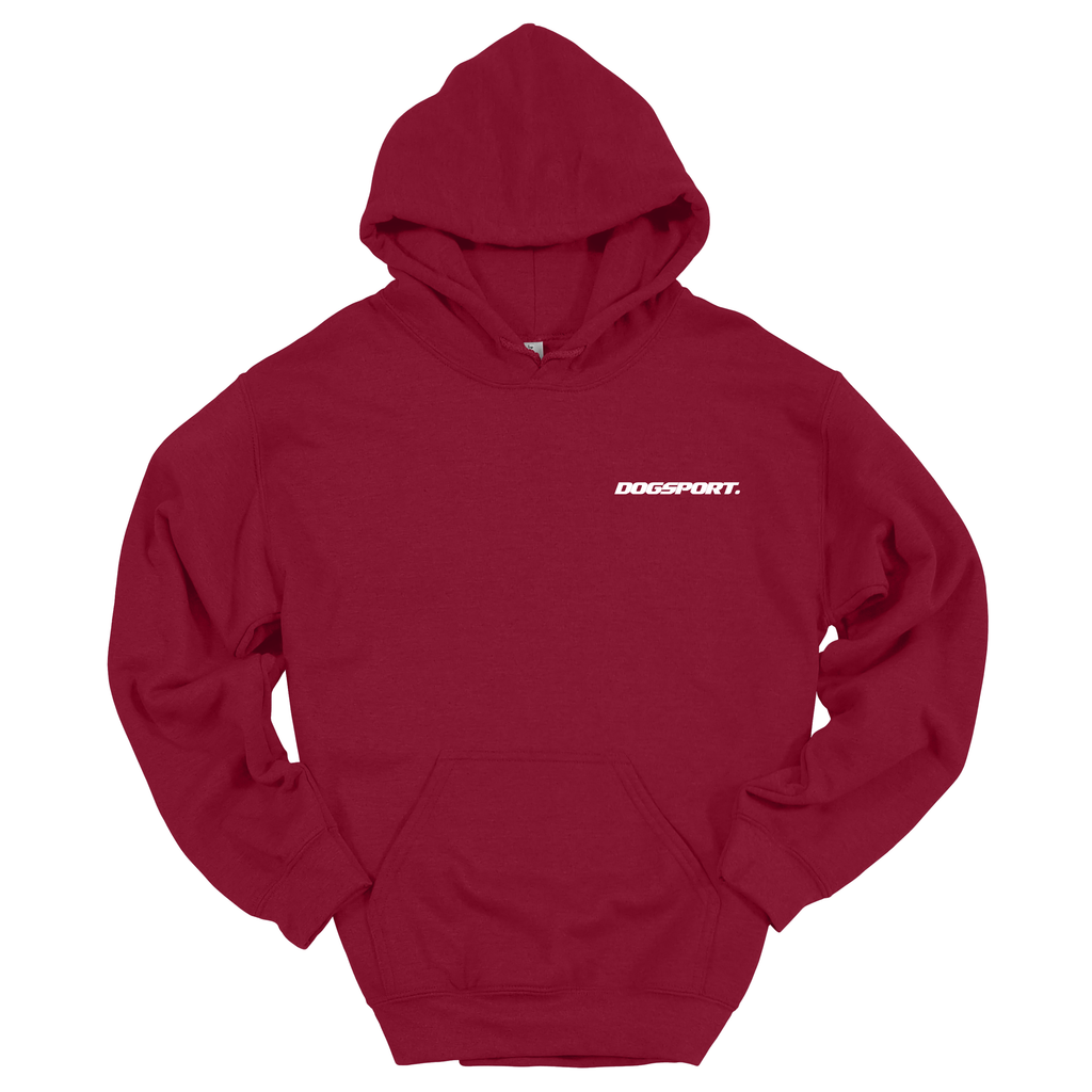 Roter Hoodie mit kleinem weißen DOGSPORT Frontprint, vor weißem Hintergrund.