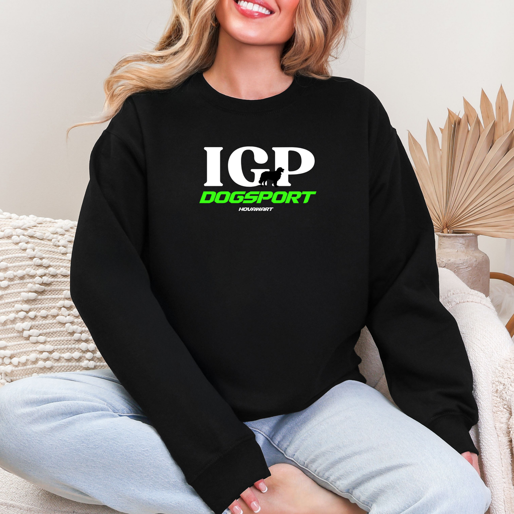 Schwarzes Sweatshirt mit großem IGP-DOGSPORT Hoverwart Frontprint in Weiß und Neongrün