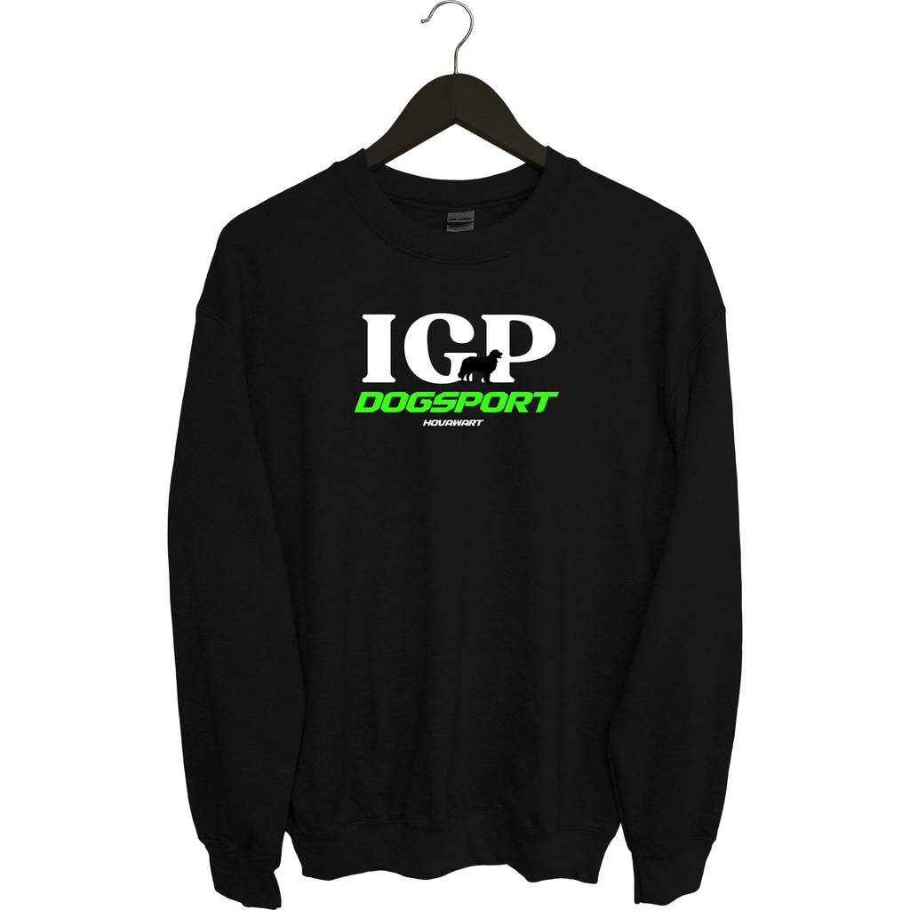 Schwarzes Sweatshirt auf Bügel vor weißem Hintergrund, mit großem „IGP“-Frontprint in Weiß inklusive Hovawart-Silhouette, darunter der neongrüne Schriftzug „DOGSPORT“ und der kleine Text „Hovawart“.