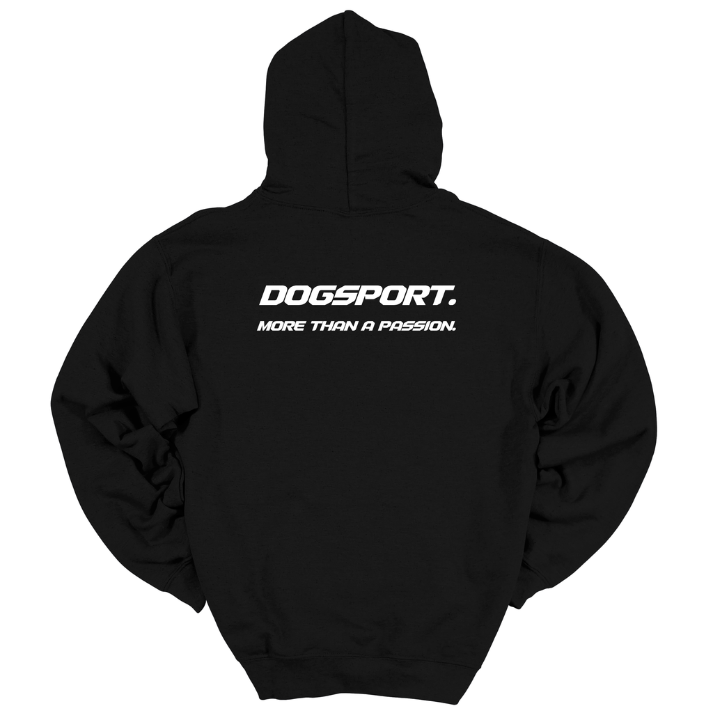 Schwarzer Hoodie mit großem weißen DOGSPORT-Rückenprint „More than a passion“