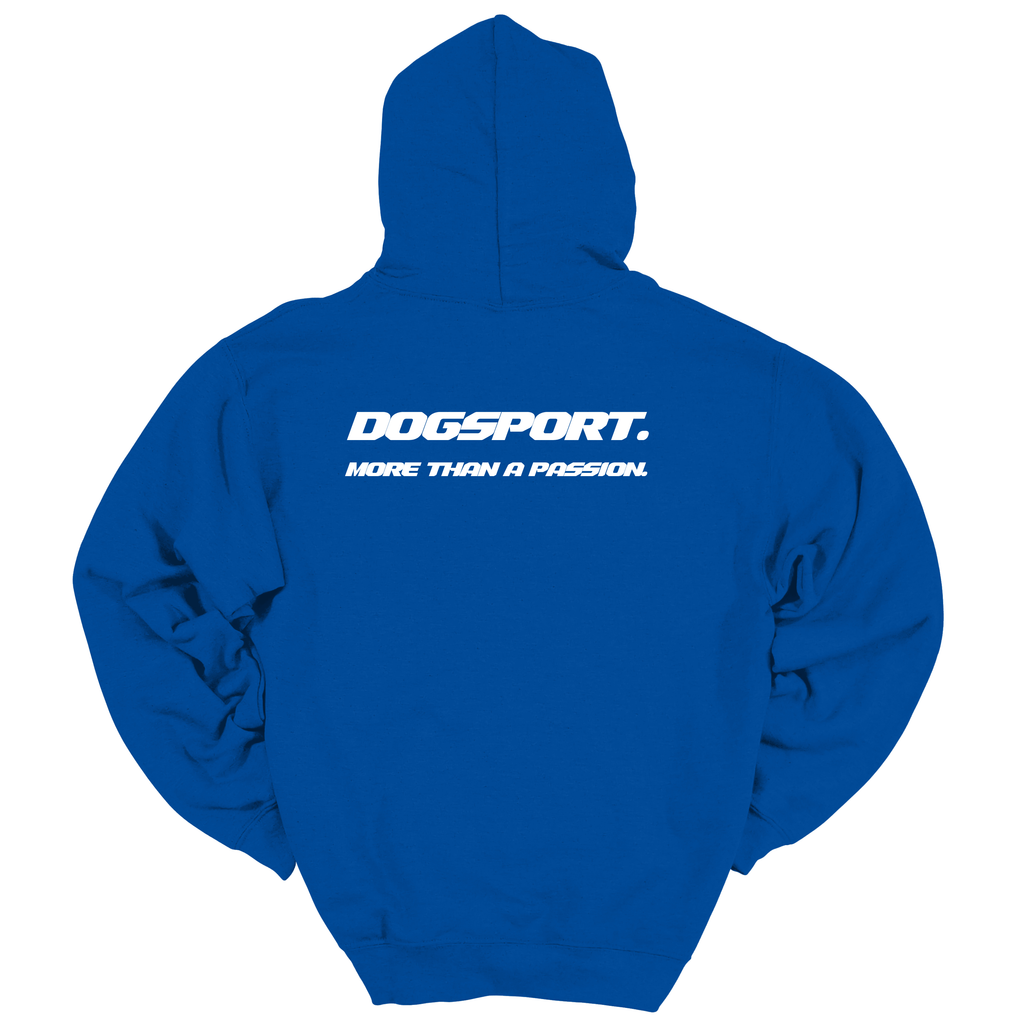 Blauer Hoodie mit großem weißen DOGSPORT-Rückenprint „More than a passion“