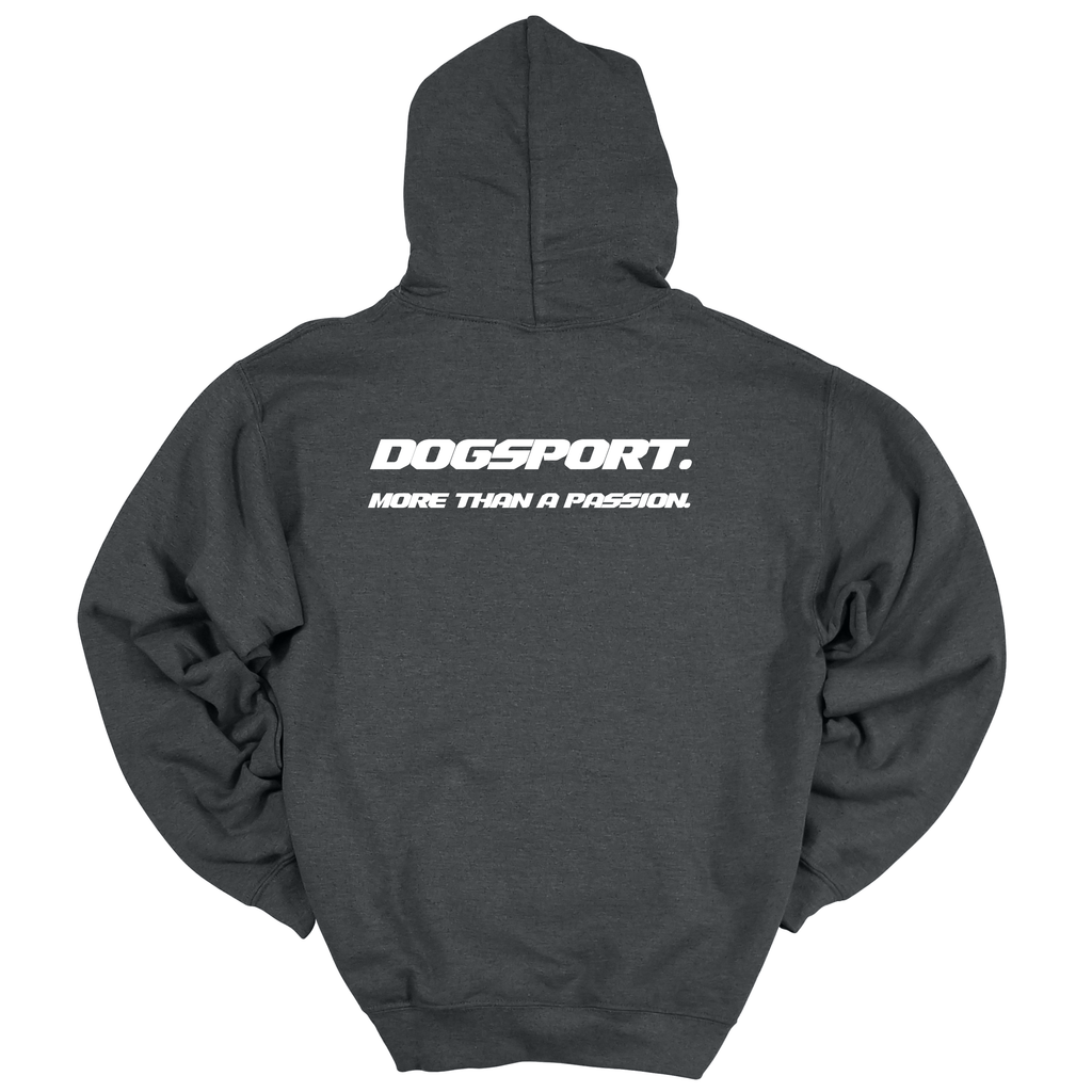 Dunkelgrauer Hoodie mit großem weißen DOGSPORT-Rückenprint „More than a passion“