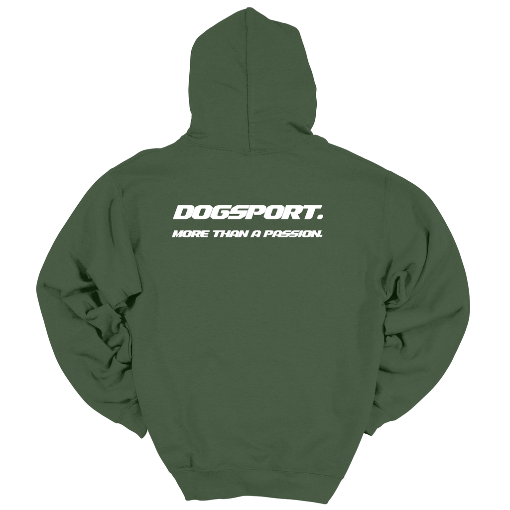 Grüner Hoodie mit großem weißen DOGSPORT-Rückenprint „More than a passion“