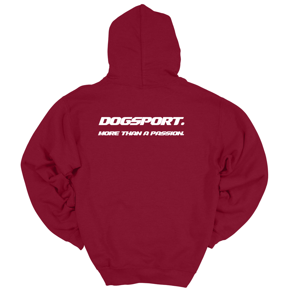 Roter Hoodie mit großem weißen DOGSPORT-Rückenprint „More than a passion“