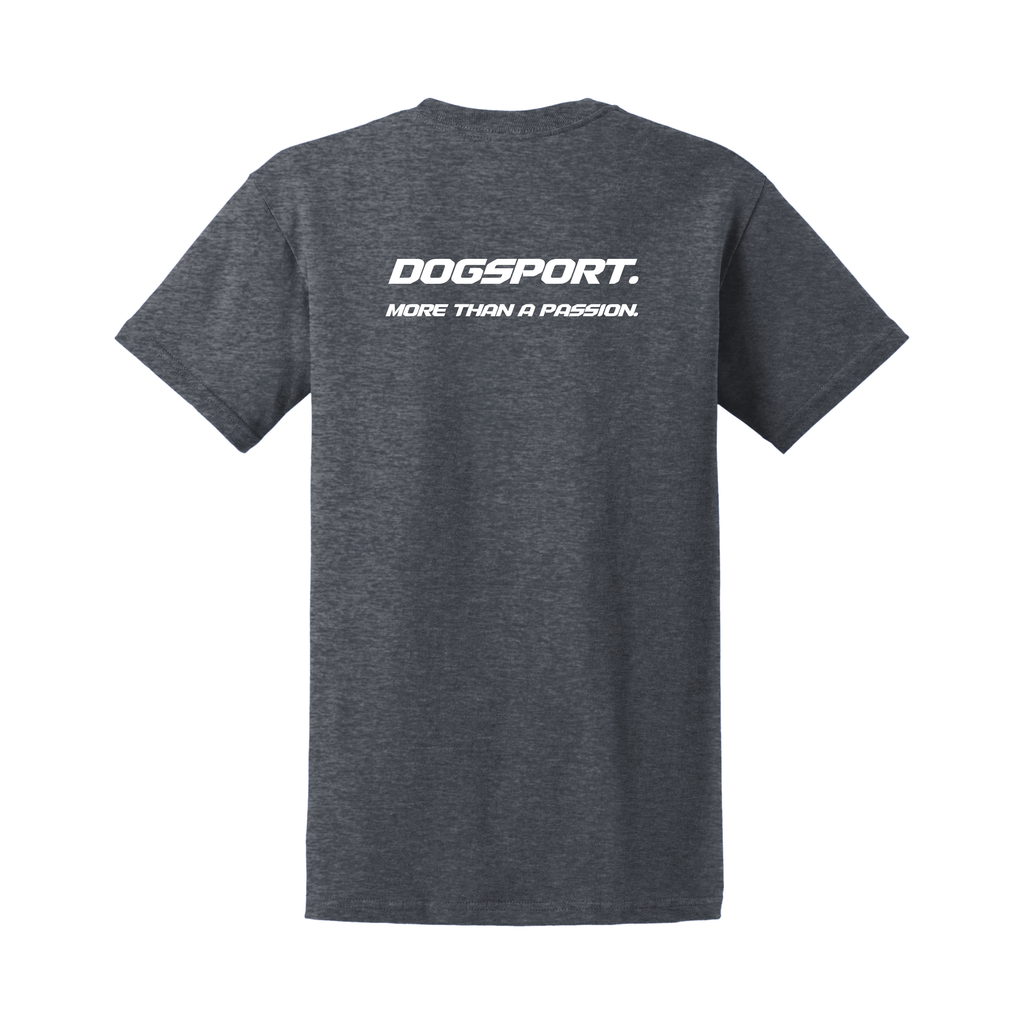 Dunkelgraues T-Shirt mit großem weißen DOGSPORT-Rückenprint „More than a passion“