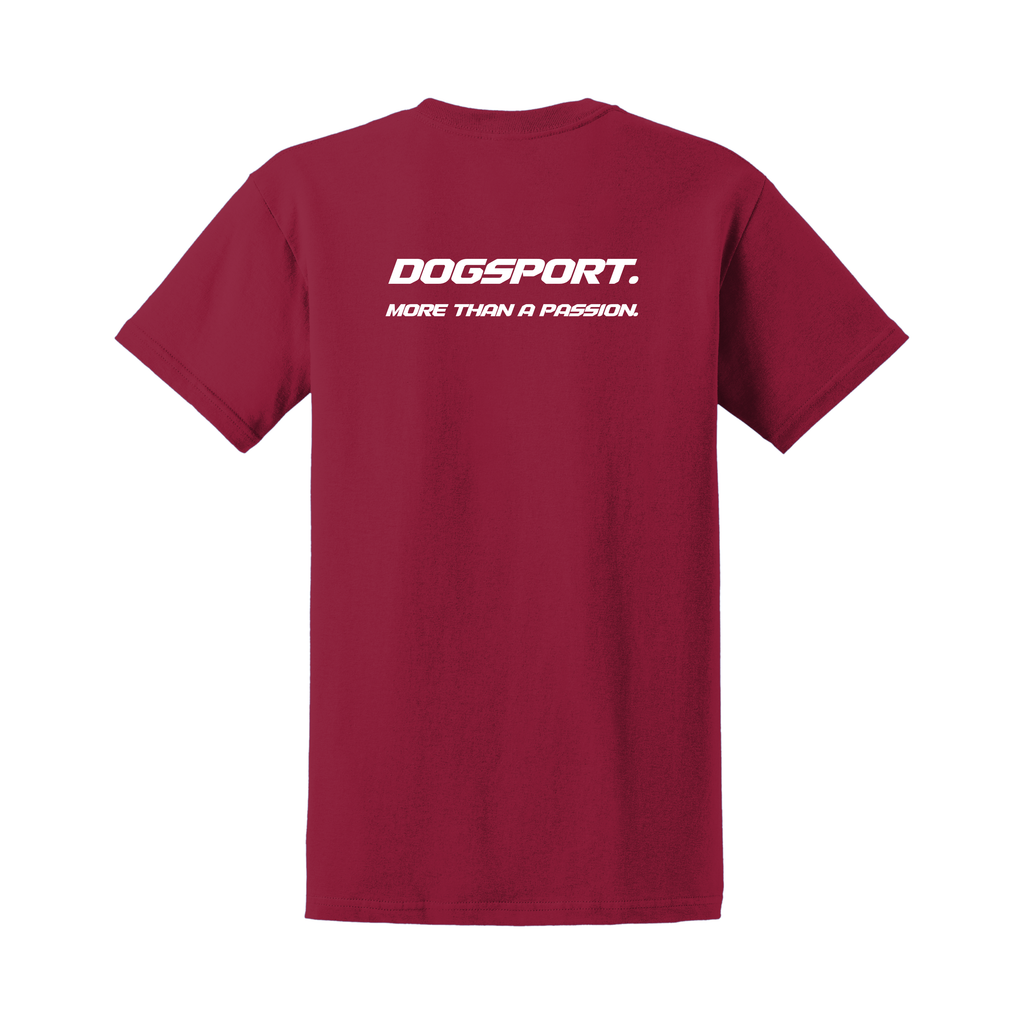 Rotes T-Shirt mit großem weißen DOGSPORT-Rückenprint „More than a passion“