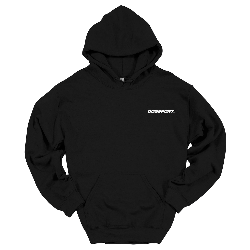 Schwarzer Hoodie mit kleinem weißen DOGSPORT-Logo auf der Brust