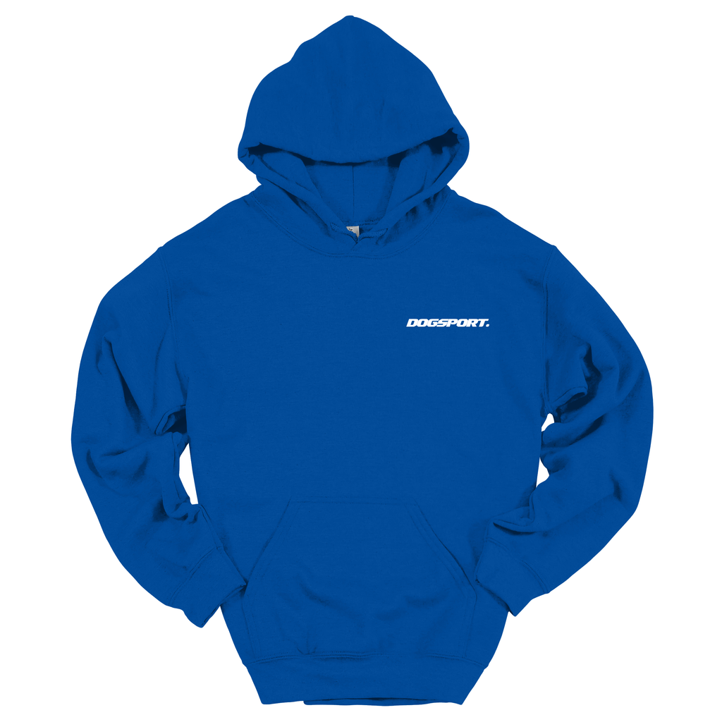Blauer Hoodie mit kleinem weißen DOGSPORT-Logo auf der Brust