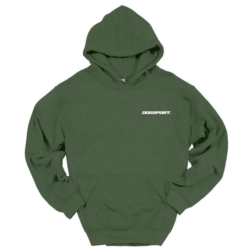 Grüner Hoodie mit kleinem weißen DOGSPORT-Logo auf der Brust