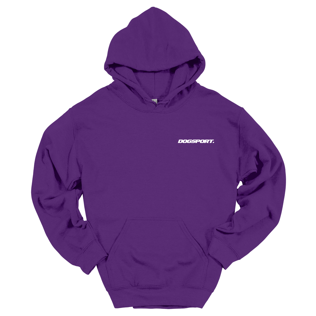Lilaner Hoodie mit kleinem weißen DOGSPORT-Logo auf der Brust
