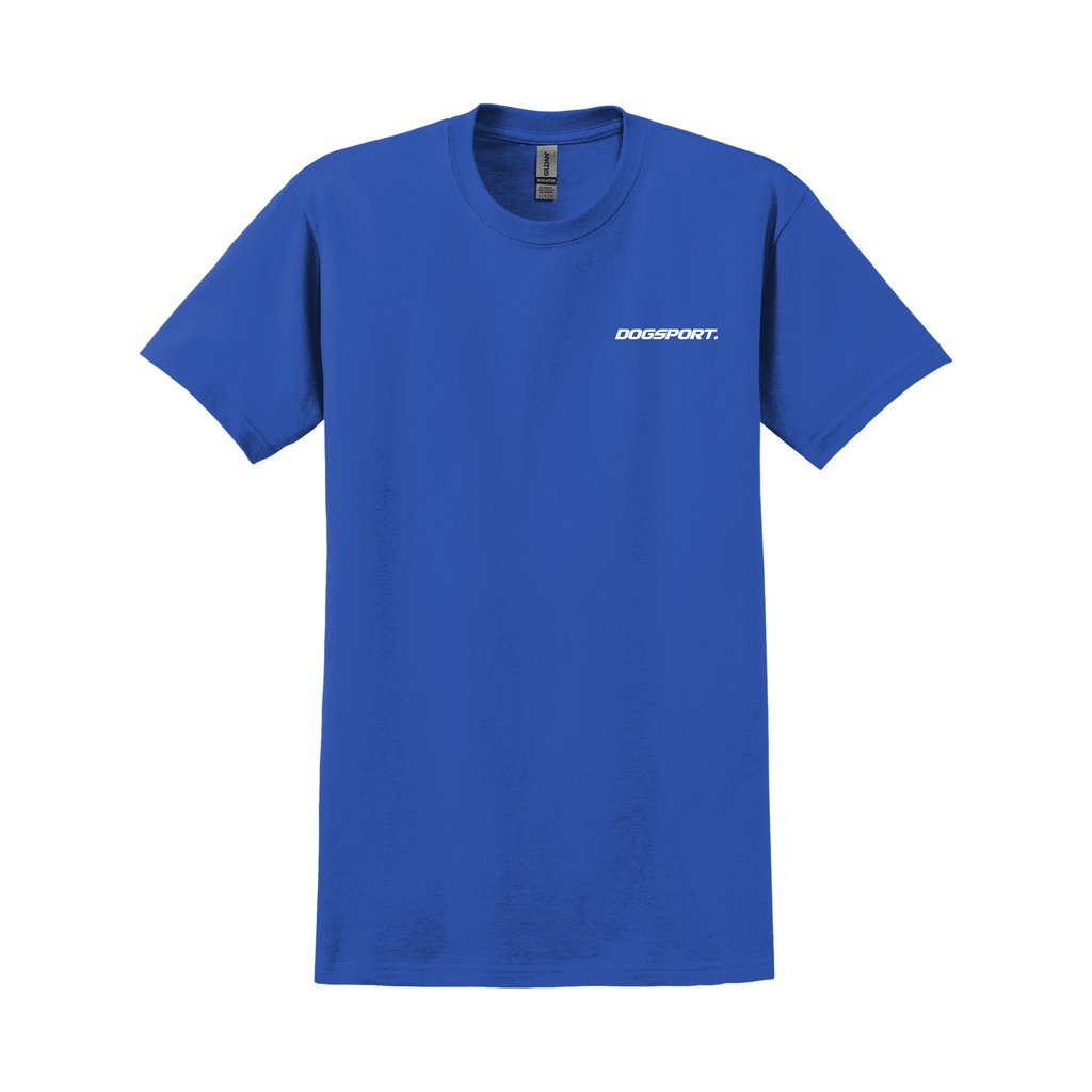 Blaues T-Shirt mit kleinem weißen DOGSPORT-Logo auf der Brust
