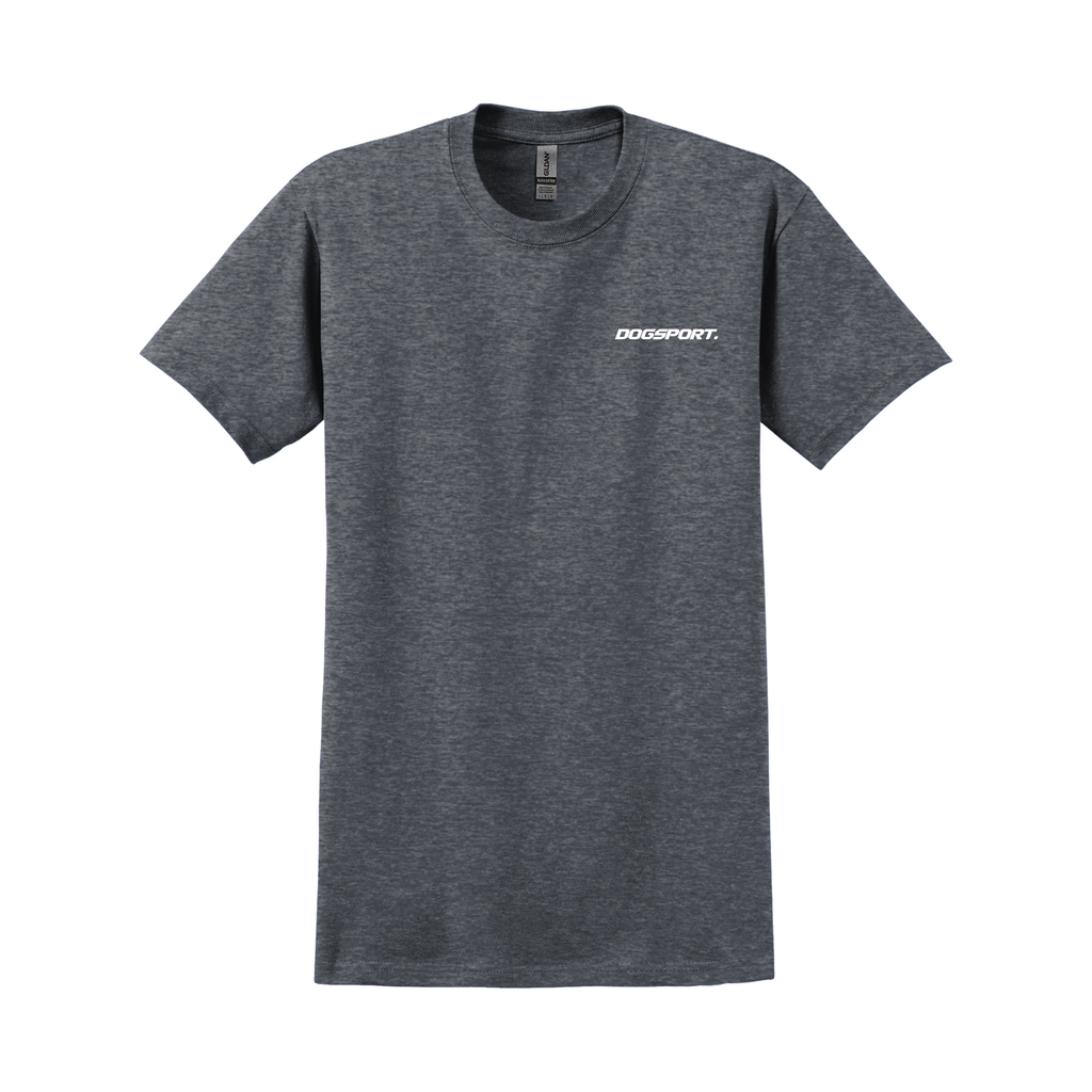 Dunkelgraues T-Shirt mit kleinem weißen DOGSPORT-Logo auf der Brust