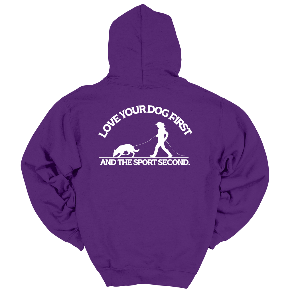 Lila Hoodie mit großem weißen Rückenprint „Love your dog first and the sport second“