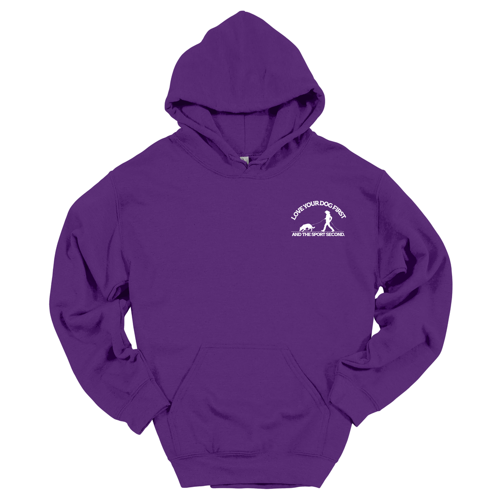 Lila Hoodie mit großem weißen Rückenprint „Love your dog first and the sport second“