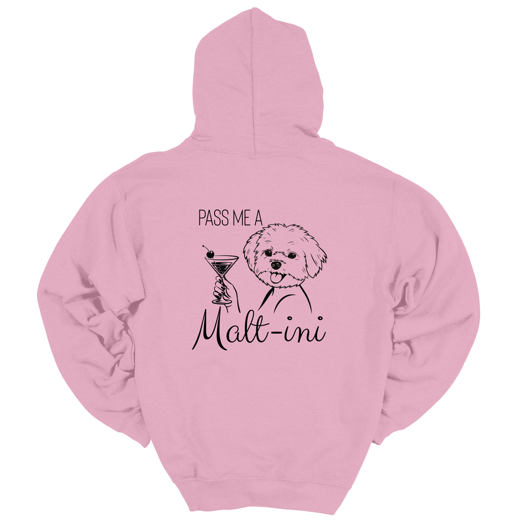 Rosa Hoodie mit großem Rückenprint „Pass me a Malt-ini“ und Malteser-Illustration mit Cocktailglas; Produktfoto vor weißem Hintergrund.