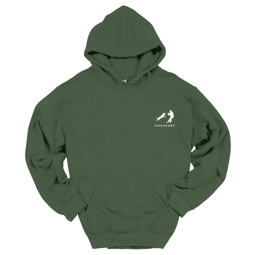 Grüner Hoodie mit kleinem weißen IGP DOGSPORT-Logo auf der Brust