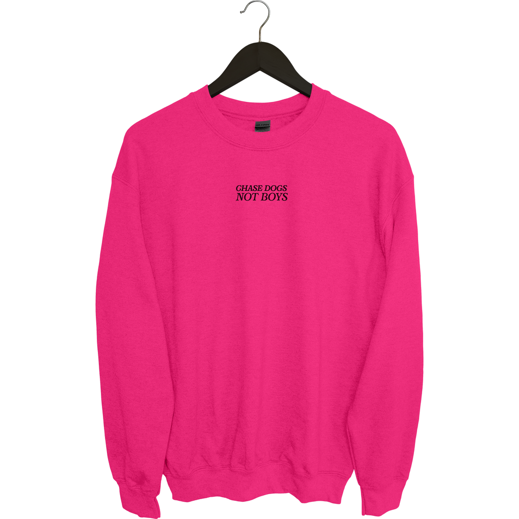 Pinker Oversize-Sweater mit kleinem schwarzen „Chase Dogs Not Boys“