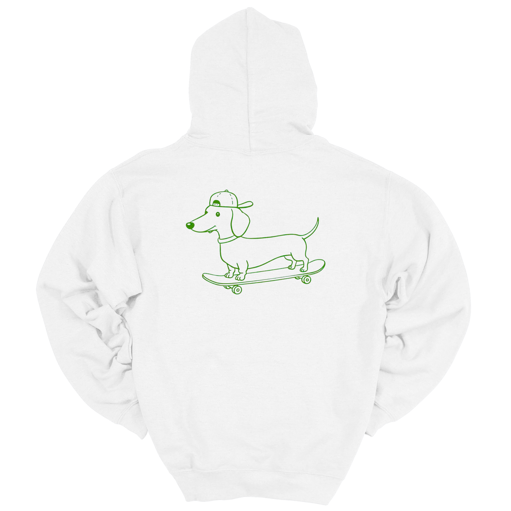 Hoodie_weiß_Dackel_Skateboard_Rueckseite