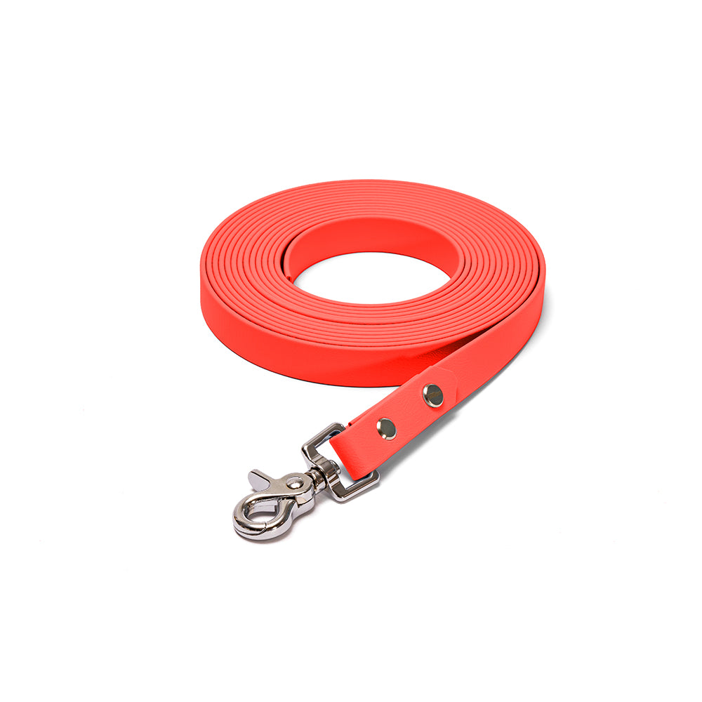 Schleppleine aus BioThane in Orange – Modell Feuerfunke, robust und wasserfest - silber