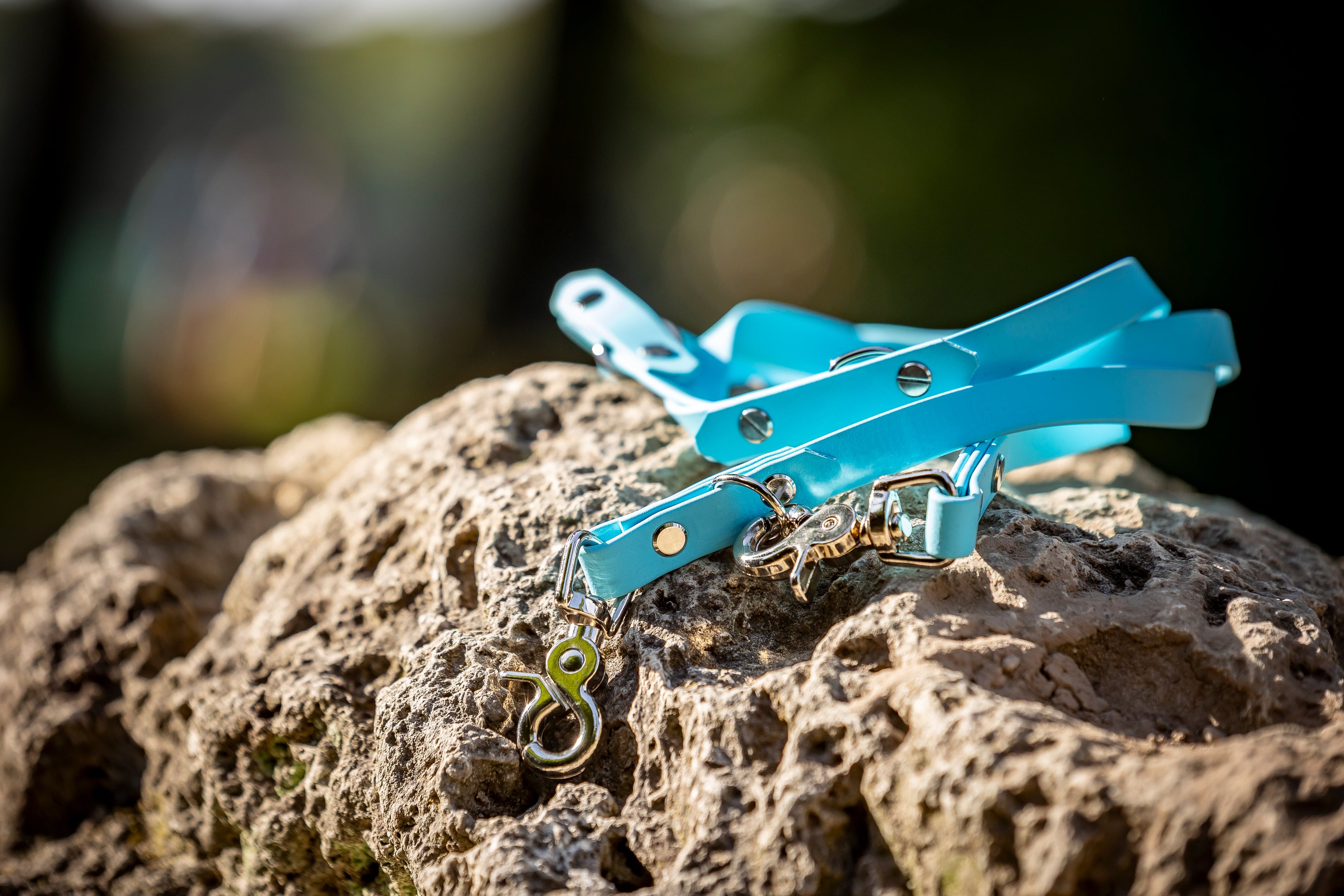 Türkise BioThane® Hundeleine mit silbernem Karabiner liegt auf Naturstein – langlebig, wasserfest und stilvoll von HUNDert %