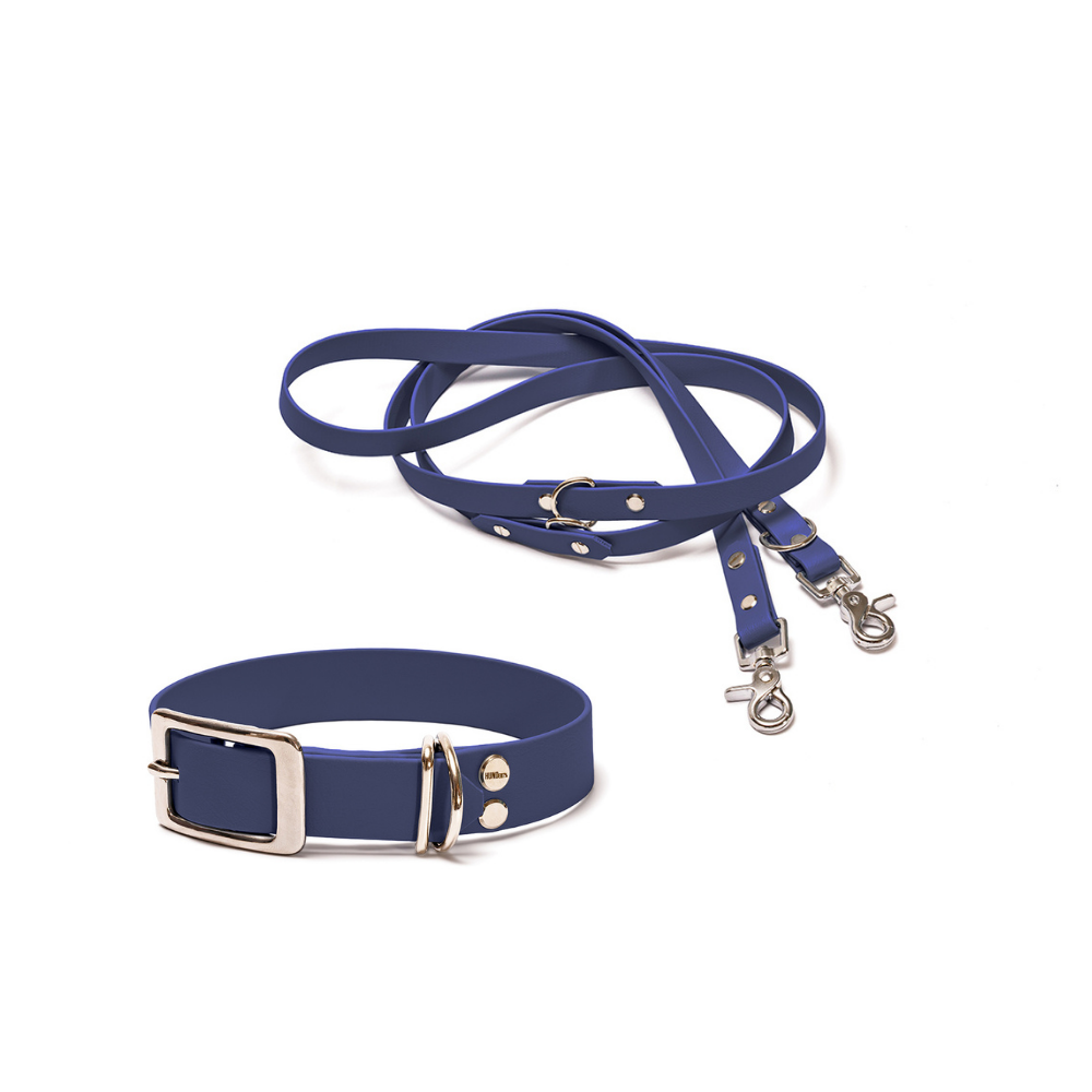 Halsband 25mm und verstellbare Hundeleine 16mm + 19mm aus BioThane in Dunkelblau – Modell Atlantik, robust, 100% wasserfest und pflegeleicht, von Hundert Prozent, mit Beschlägen in Silber