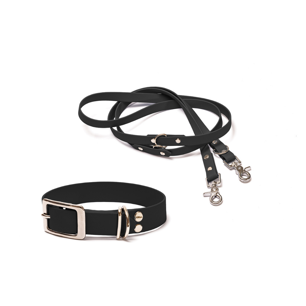 Halsband 25mm und verstellbare Hundeleine 16mm + 19mm aus BioThane in Schwarz – Modell Nachtschwarz, robust, 100% wasserfest und pflegeleicht, von Hundert Prozent, mit Beschlägen in Silber