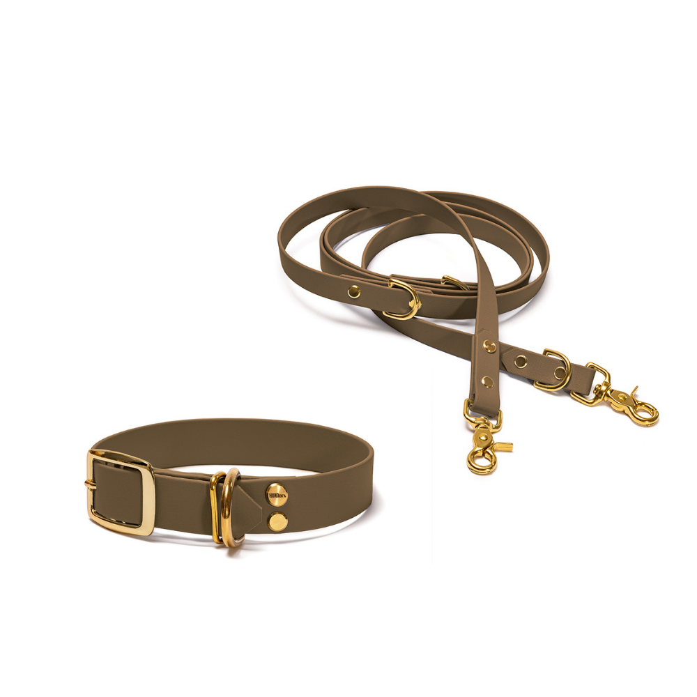 Halsband 25mm und verstellbare Hundeleine 16mm + 19mm aus BioThane in Military Olive – Modell Waldpfad, robust, 100% wasserfest und pflegeleicht, von Hundert Prozent, mit Beschlägen in Gold