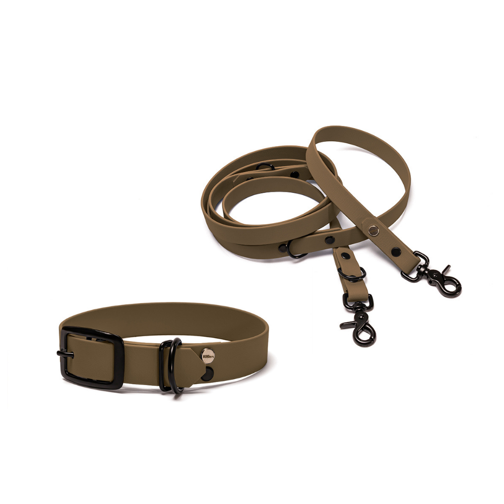 Halsband 25mm und verstellbare Hundeleine 16mm + 19mm aus BioThane in Military Olive – Modell Waldpfad, robust, 100% wasserfest und pflegeleicht, von Hundert Prozent, mit Beschlägen in Schwarz