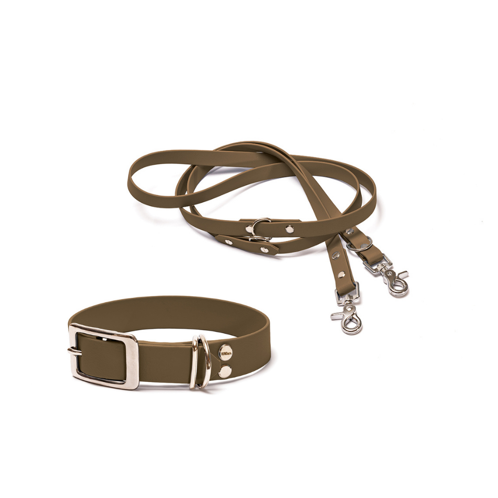 Halsband 25mm und verstellbare Hundeleine 16mm + 19mm aus BioThane in Military Olive – Modell Waldpfad, robust, 100% wasserfest und pflegeleicht, von Hundert Prozent, mit Beschlägen in Silber