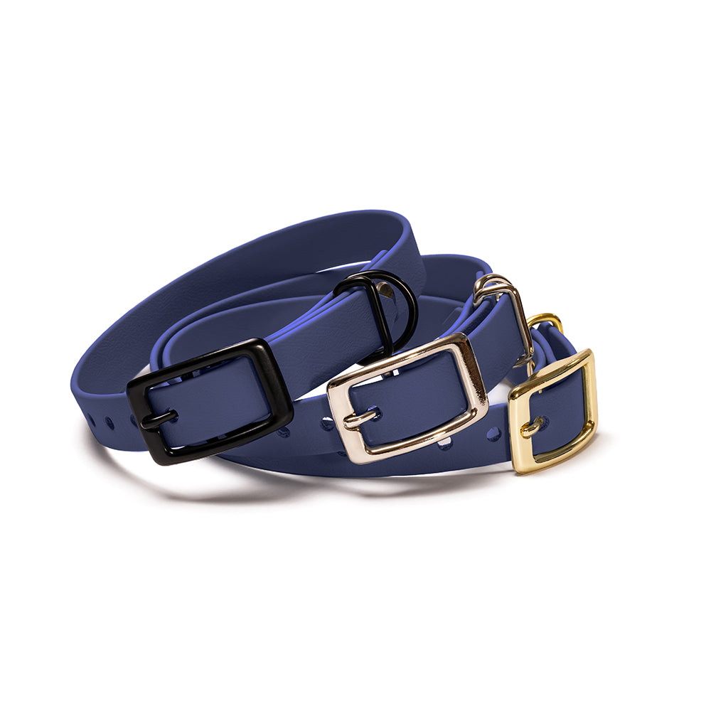 Hundehalsband BioThane Atlantik – Dunkelblau, verfügbar mit Gold, Schwarz oder Silber