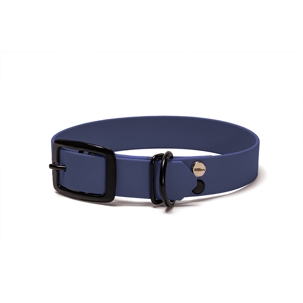Hundehalsband aus BioThane in Dunkelblau und schwarz– Modell Atlantik, wasserfest und langlebig