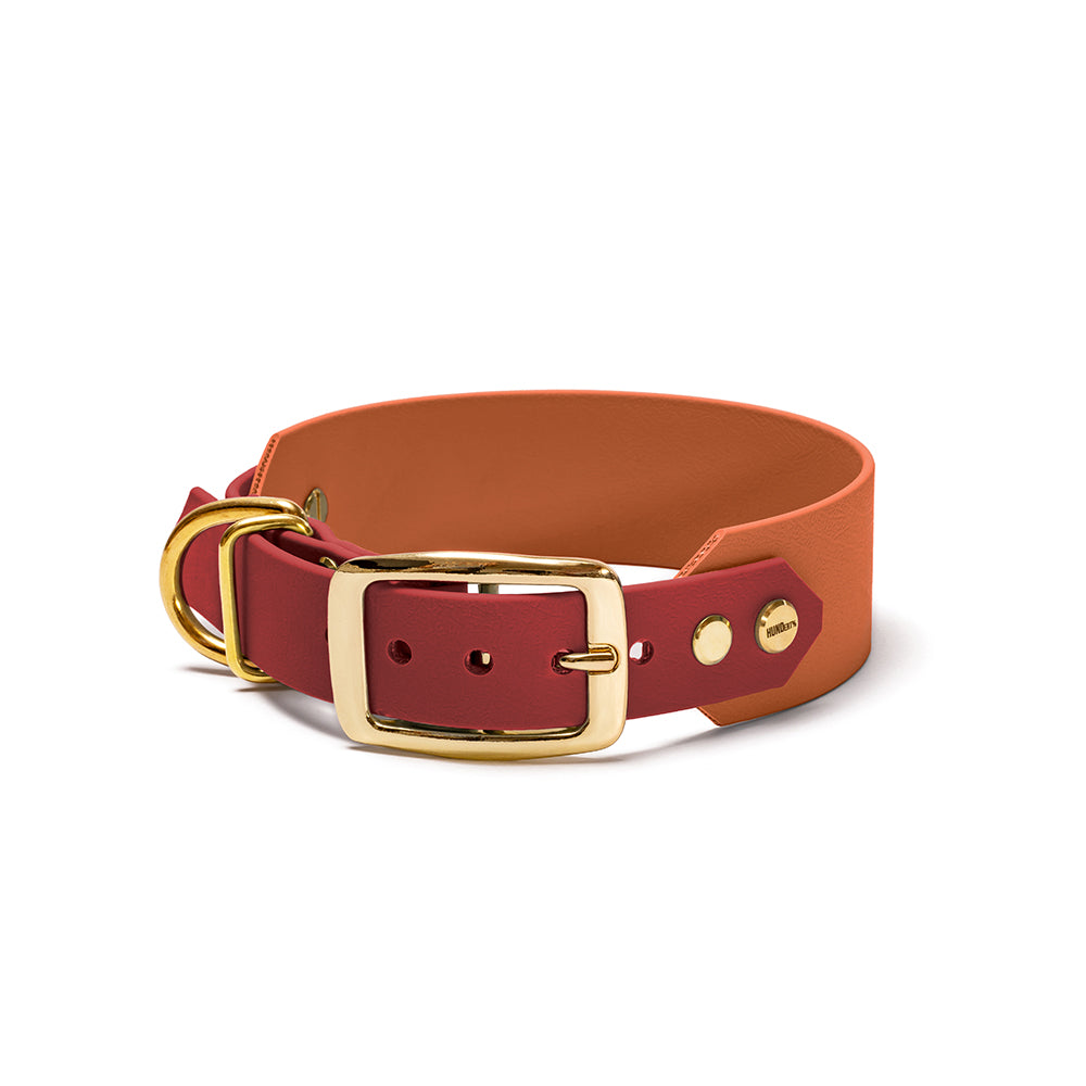 Hundehalsband aus BioThane in Rot-Braun – Modell Feuer & Erde, robust und wasserfest - gold
