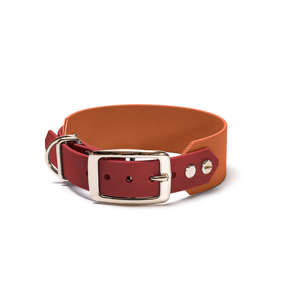 Hundehalsband aus BioThane in Rot-Braun – Modell Feuer & Erde, robust und wasserfest - Silber