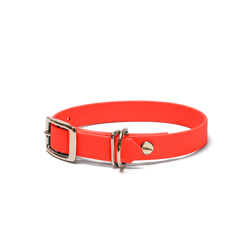 Hundehalsband aus BioThane in Orange – Modell Feuerfunke, 16mm & 19mm mit Beschlägen in Silber