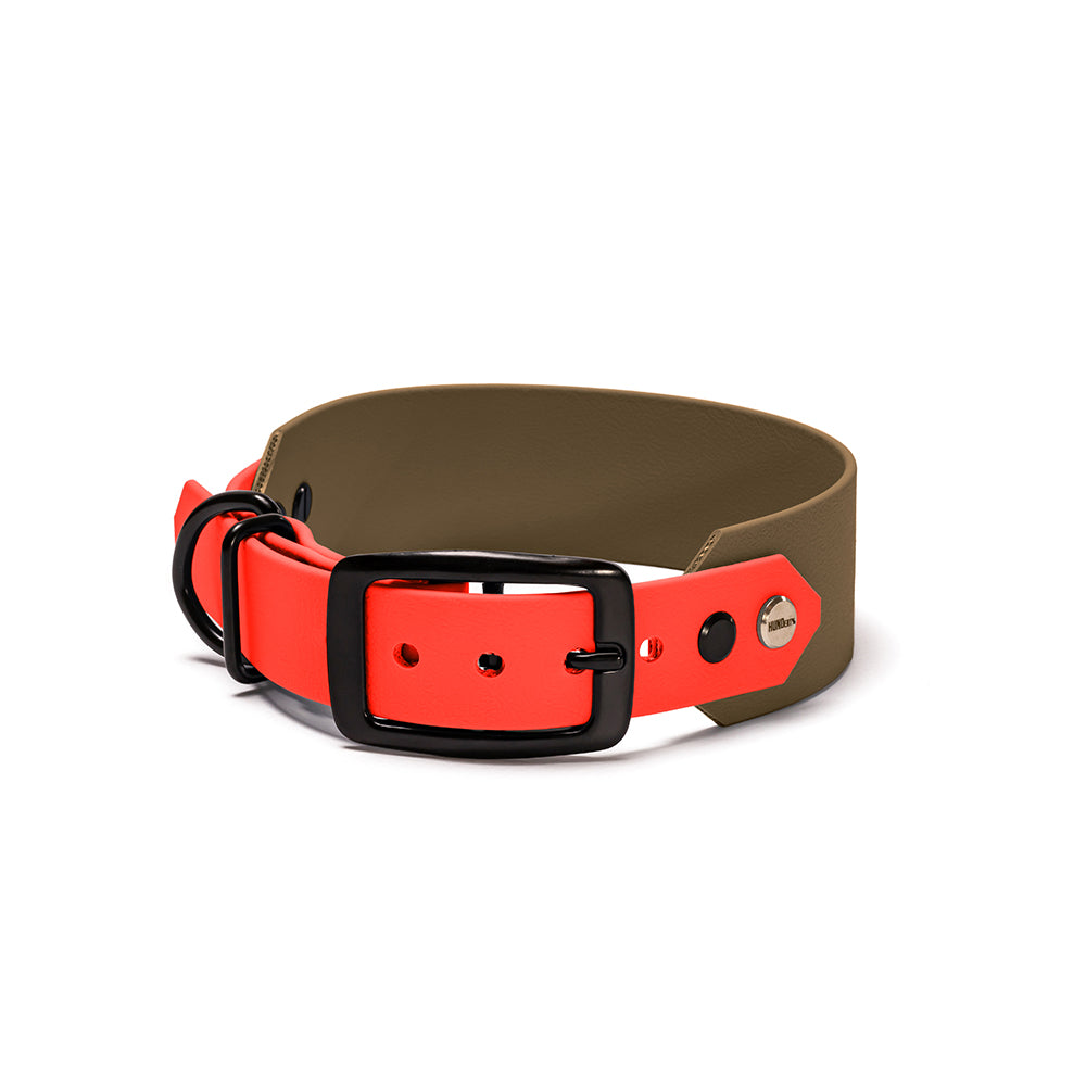 Hundehalsband aus BioThane in Olive-Orange – Modell Jägerglut, robust und wasserfest, schwarz