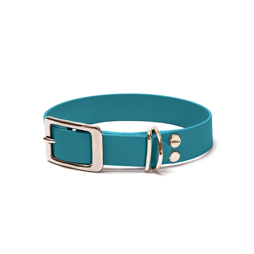 Hundehalsband aus BioThane in Türkis – Modell Lagune, robust und wasserfest, silber