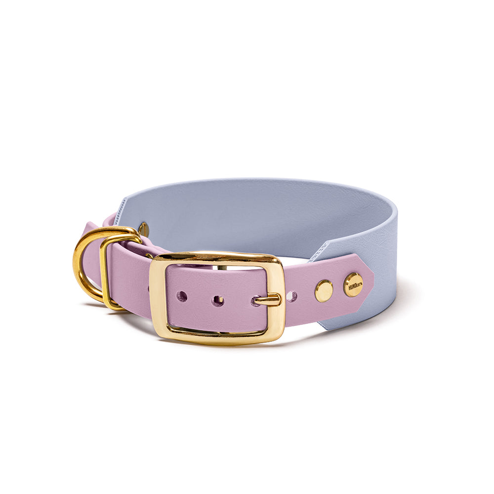 „BioThane Hundehalsband Lavendeltraum – Flieder & Polar mit Beschlägen in Gold