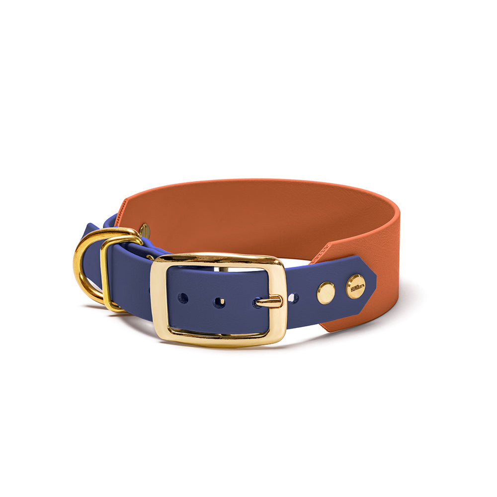 Hundehalsband aus BioThane in Dunkelblau und Braun – Modell Meer und Erde, robust und wasserfest, gold