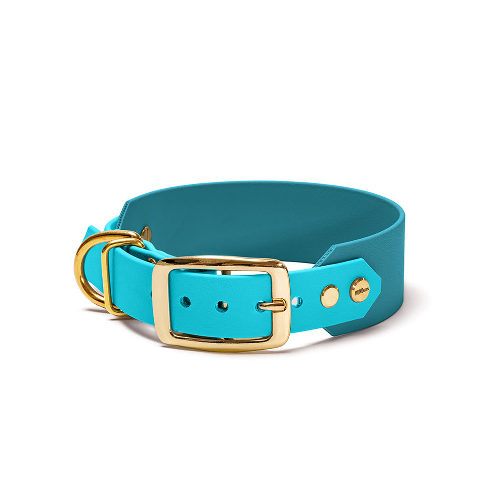 BioThane Hundehalsband Meeresbrise – Lagune & Skyan Blau mit Beschlägen in Gold