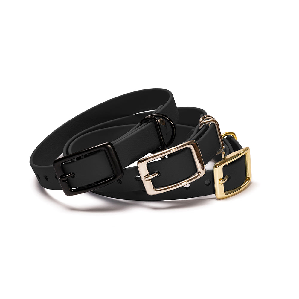 Hundehalsband BioThane Nachtschwarz – Schwarz, verfügbar mit Gold, Schwarz oder Silber