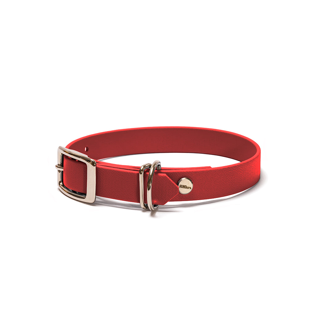 Hundehalsband aus BioThane in Rot – Modell Rubinrot, 16mm & 19mm mit Beschlägen in Silber