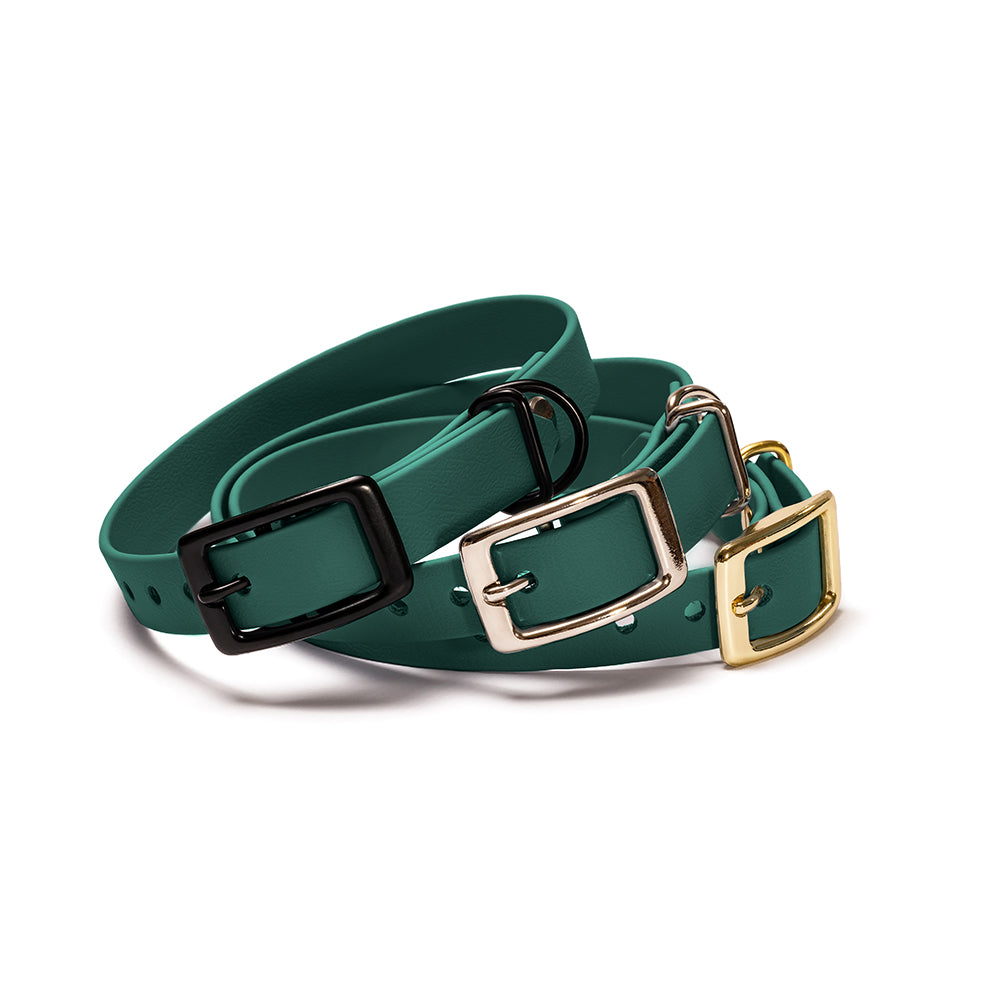 Hundehalsband BioThane Tannenzauber – Dunkelgrün, verfügbar mit Gold, Schwarz oder Silber