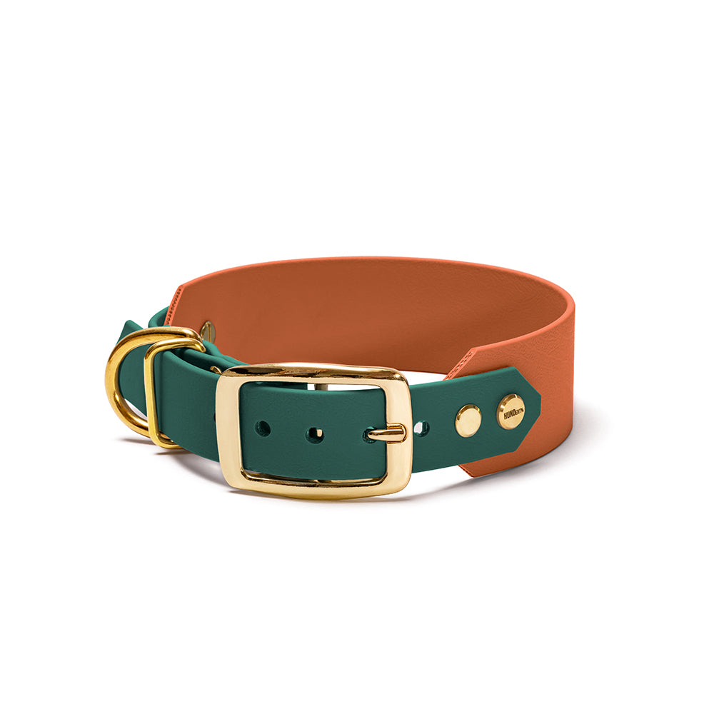 BioThane Hundehalsband Wald & Erde – Dunkelgrün & Braun mit Beschlägen in Gold