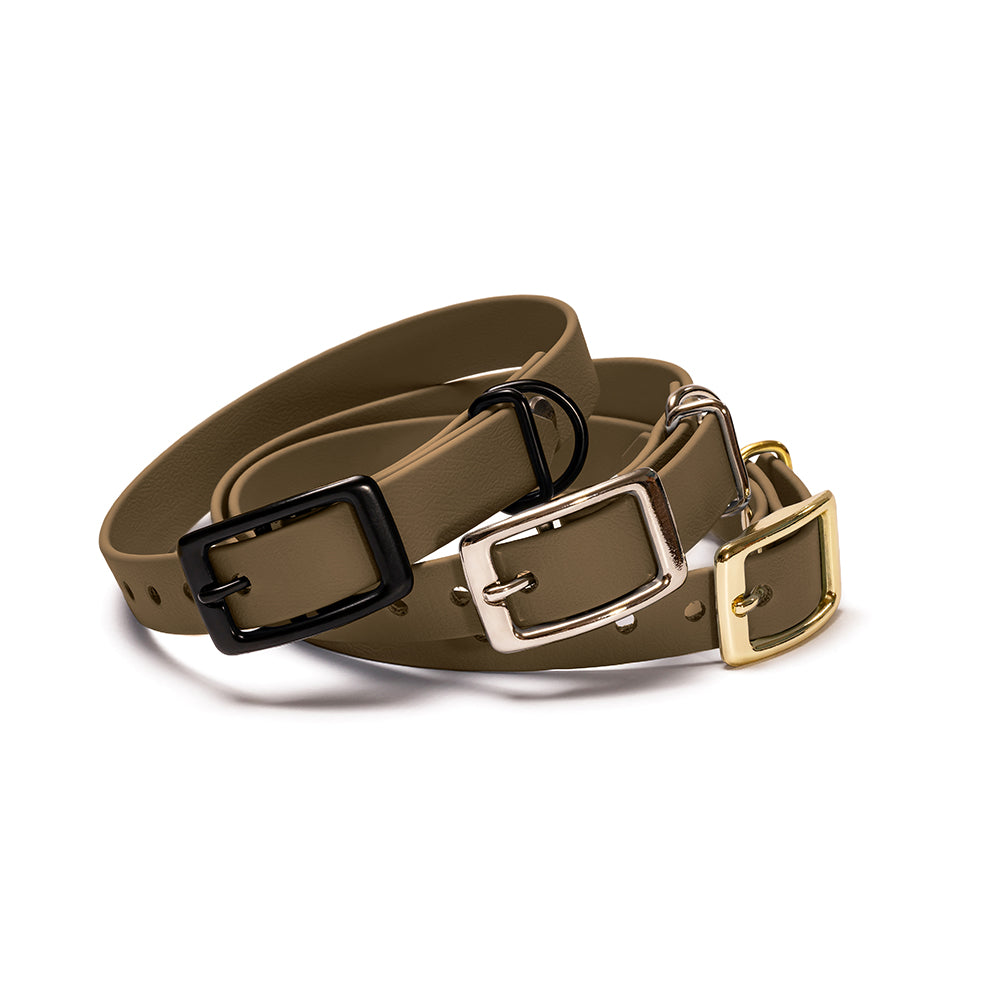 Hundehalsband BioThane Waldpfad – Military Olive, verfügbar mit Gold, Schwarz oder Silber